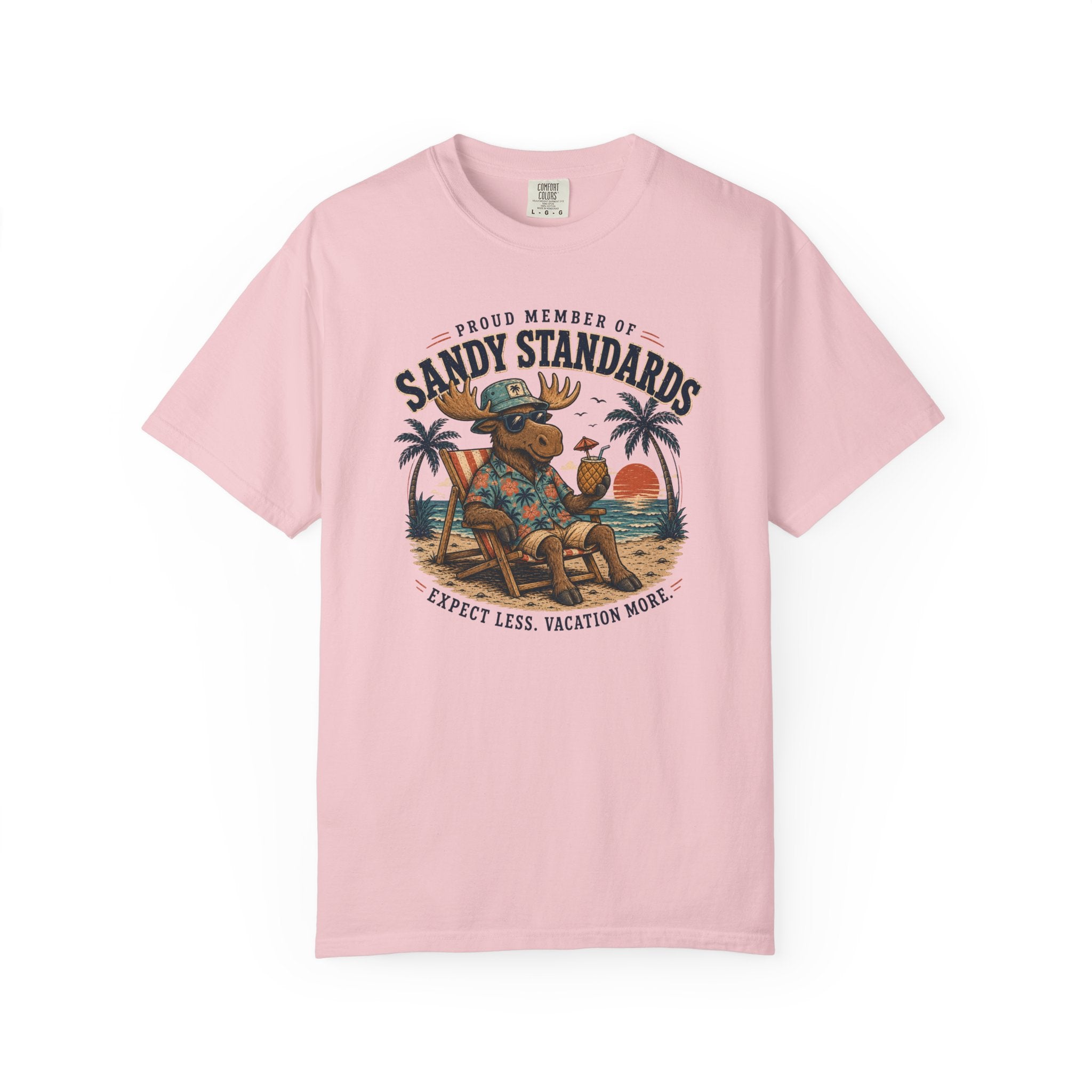 Sandy Standards Beach Moose T-Shirt — "Expect Less, Vacation More" Graphic Tee