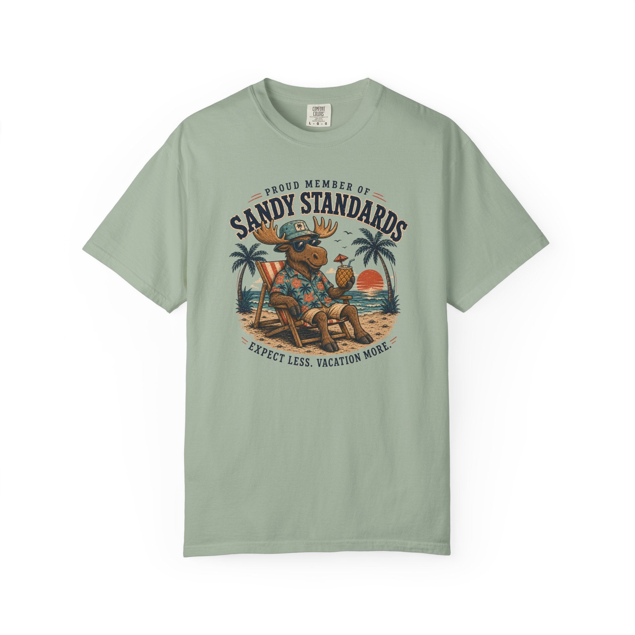 Sandy Standards Beach Moose T-Shirt — "Expect Less, Vacation More" Graphic Tee