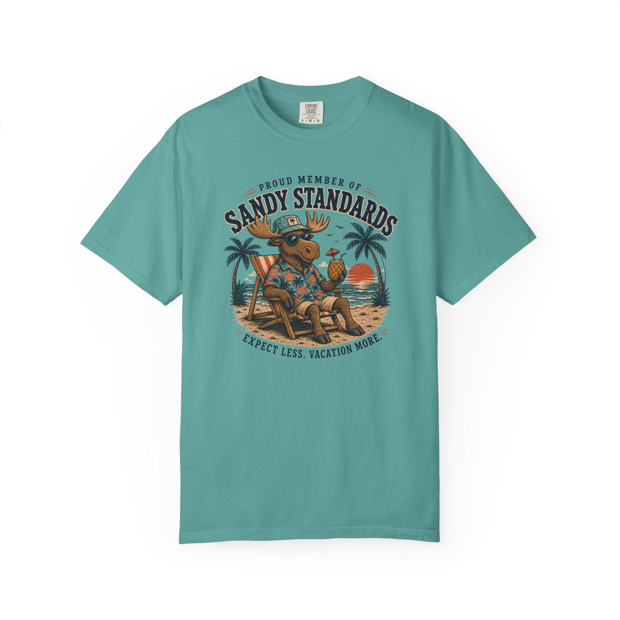Sandy Standards Beach Moose T-Shirt — "Expect Less, Vacation More" Graphic Tee