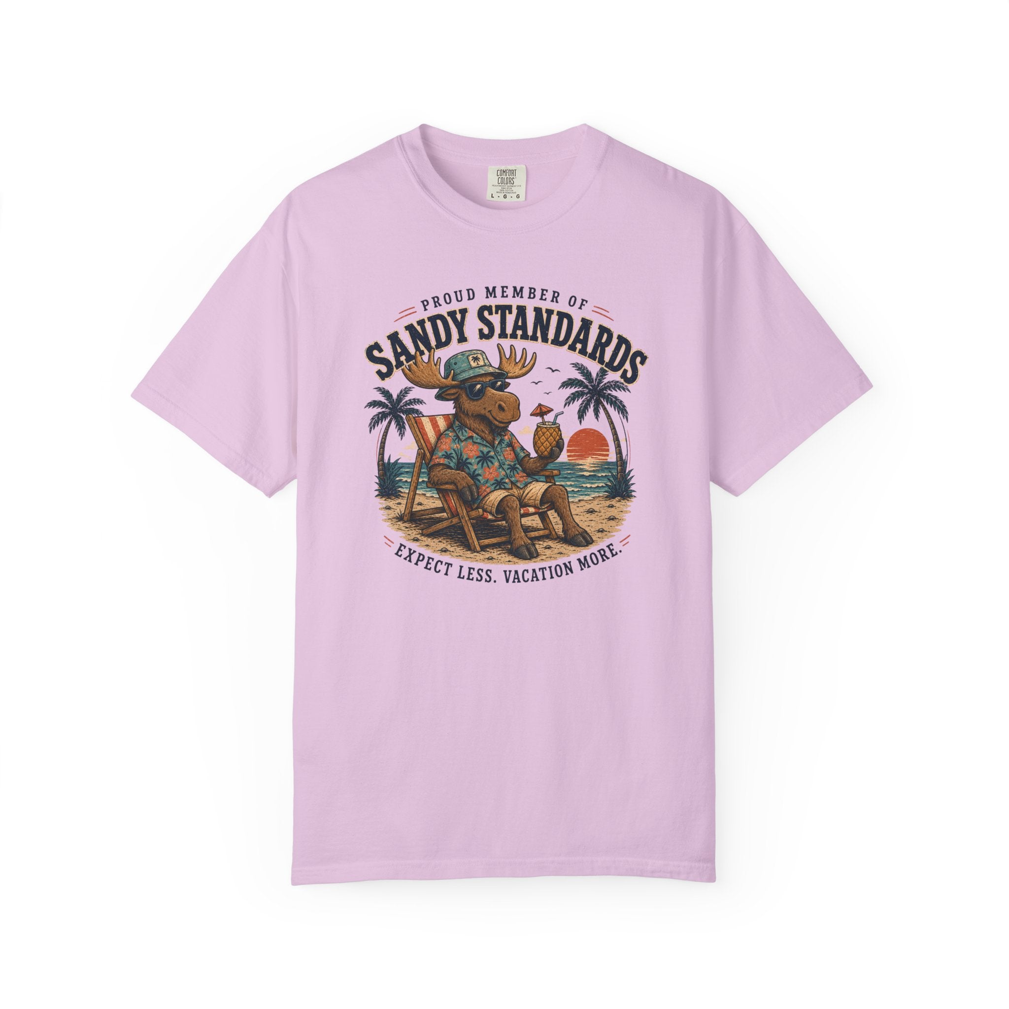 Sandy Standards Beach Moose T-Shirt — "Expect Less, Vacation More" Graphic Tee